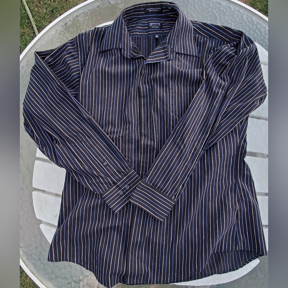 ARROW MEN'S LONG SLEEVE DRESS SHIRT BLACK BLUE GOLD STRIPE. LARGE. GPWC